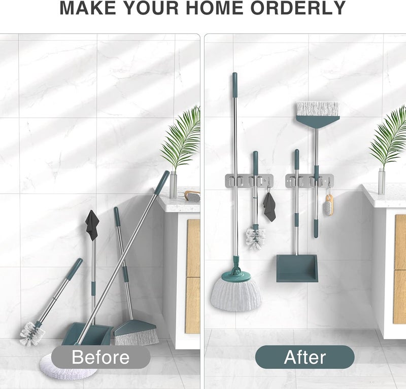homeasy Wall Mount Mop and Broom Holder, Heavy Duty Stainless Steel Organizer Rack with Hooks | 2-Pack, 2-in-1 No Drill & Screw Installation, Silver - Image 3